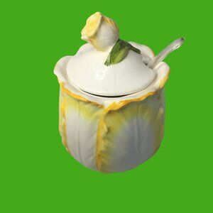 Vintage Lefton Sugar Canister with Lid Cabbage Themed with Rose lid handle
